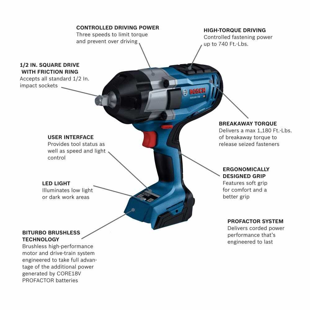 Bosch, Bosch GDS18V-740N PROFACTOR 18V 1/2" Impact Wrench with Friction Ring (Tool Only)