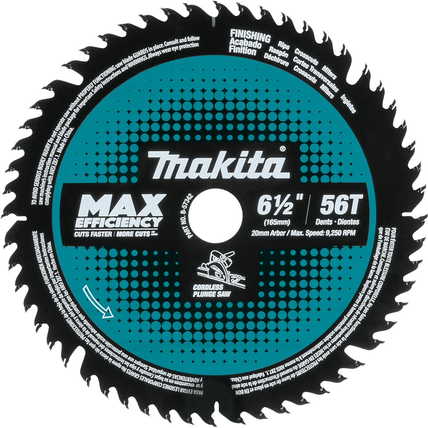 Makita, Makita B-57342 6-1/2" 56T Carbide-Tipped Max Efficiency Cordless Plunge Saw Blade