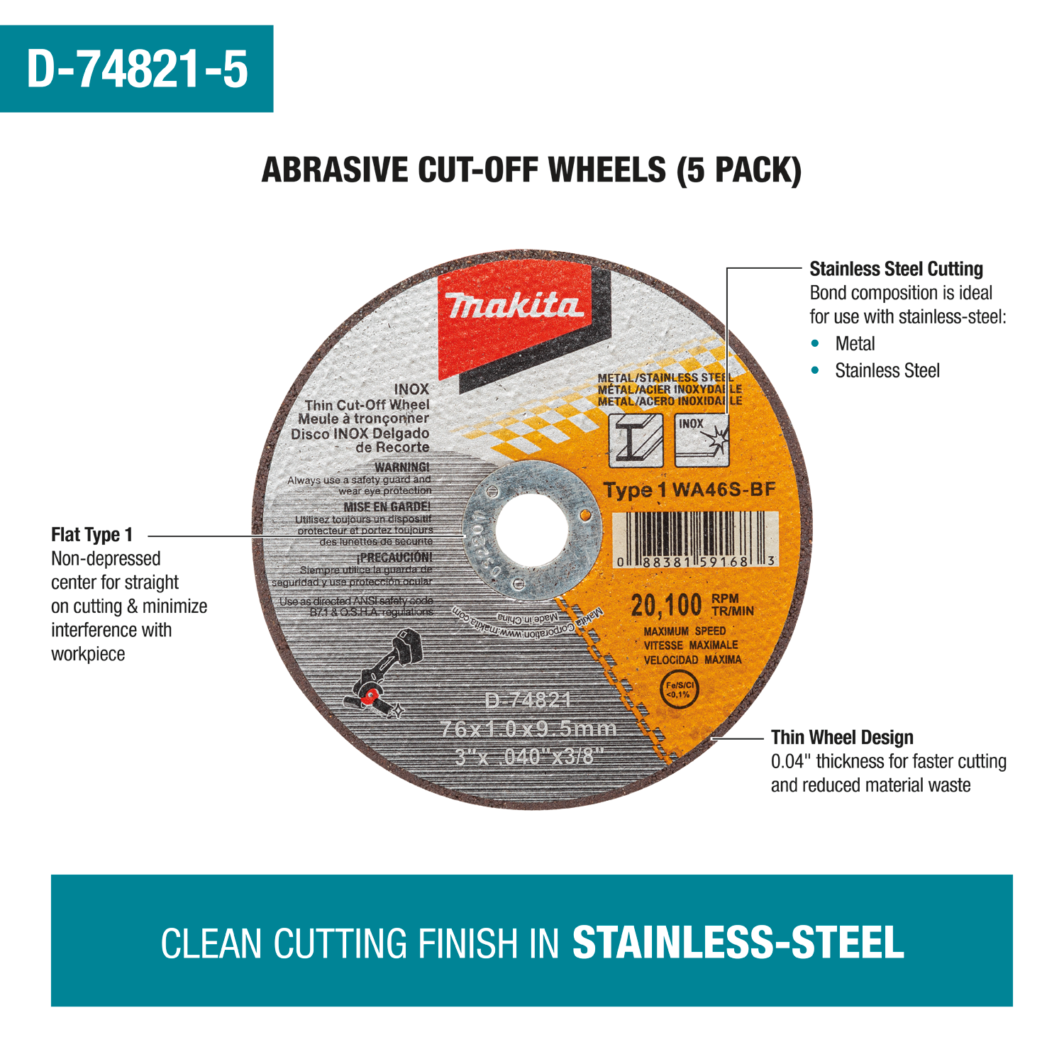 Makita, Makita D-74821-5 3" General Purpose Thin Cut-Off Wheel 5 Pack