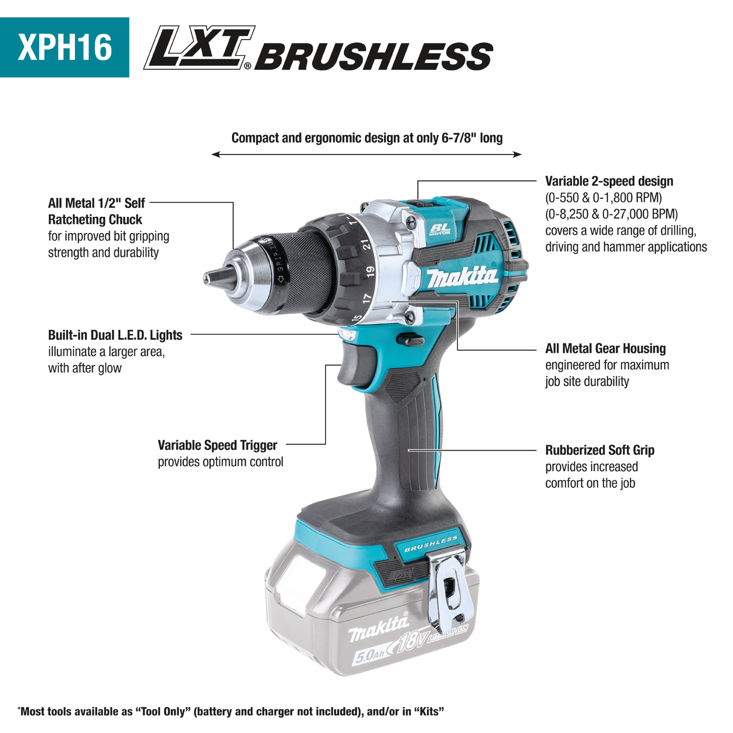 Makita, Makita XPH16Z 18V LXT Brushless Cordless 1/2" Hammer Driver-Drill (Tool Only)