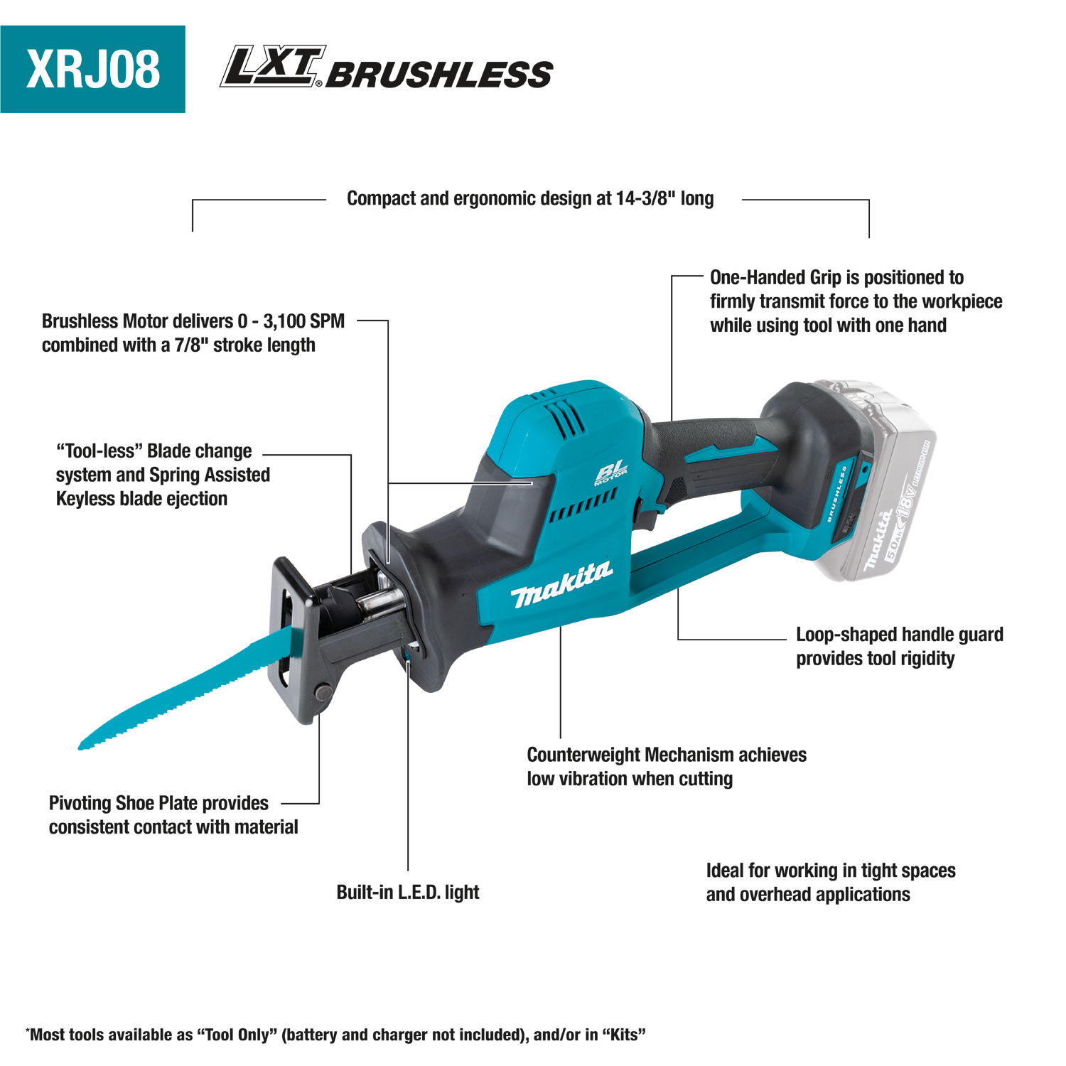 Makita, Makita XRJ08Z 18V LXT Compact Recipro Saw (Tool Only)