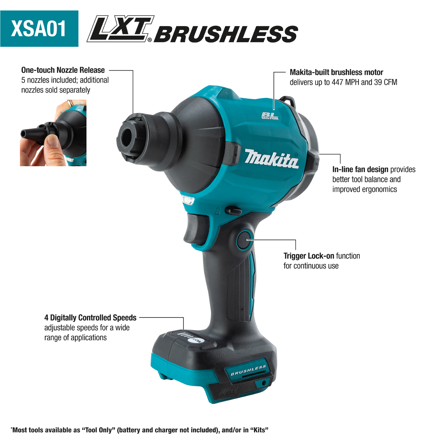 Makita, Makita XSA01Z 18V LXT Brushless Cordless High Speed Blower/Inflator (Tool Only)