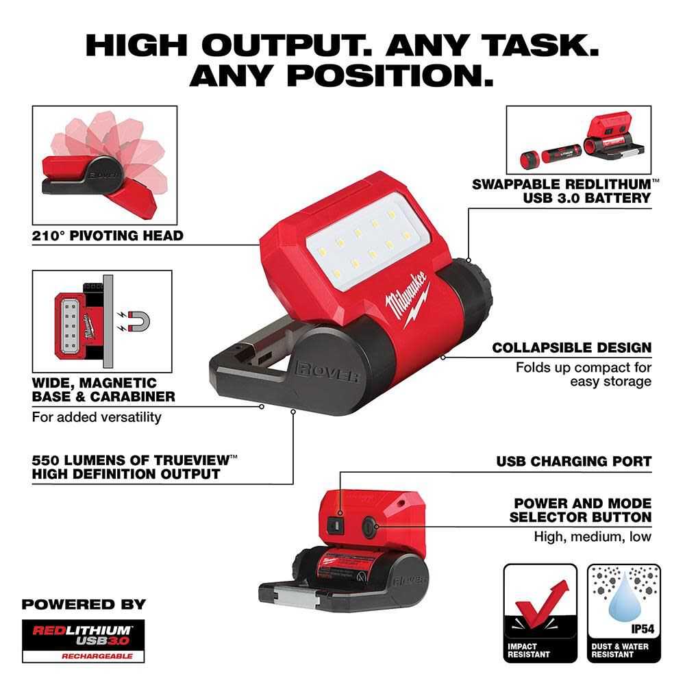 Milwaukee, Milwaukee 2114-21 REDLITHIUM USB ROVER Pivoting Flood Light